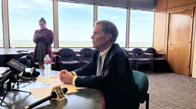 Mayor Joe Hogsett addresses sexual harassment claims at a press event. - Lee Gaines / WFYI