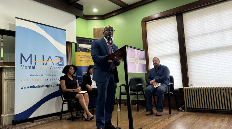 Leonce Jean-Baptiste, the co-founder of the Haitian Association of Indiana, at the pilot program announcement on Jul. 29, 2024 in Indianapolis. - Elizabeth Gabriel / Side Effects Public Media