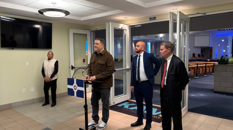 Cook Medical President Pete Yonkman joins city and community leaders at recent demolition announcement.  - Jill Sheridan / WFYI