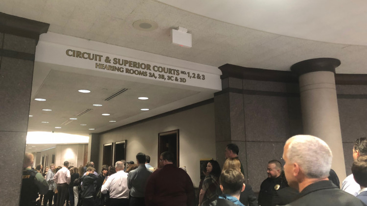 A line formed outside the Hamilton County Circuit Court Monday, Nov. 5. Not everyone got a seat in the courtroom for hearing of the juvenile accused of shooting classmate and teacher at Noblesville West Middle School.