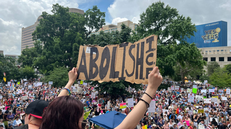 Thousands filled the lawn of the Indiana Statehouse Saturday for the 'No Kings' protest. - Ben Thorp / WFYI