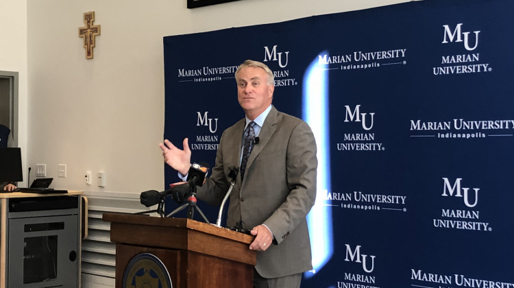 Marian University President Daniel J. Elsener speaks during a press conference announcing a new two-year college. - Carter Barrett/WFYI