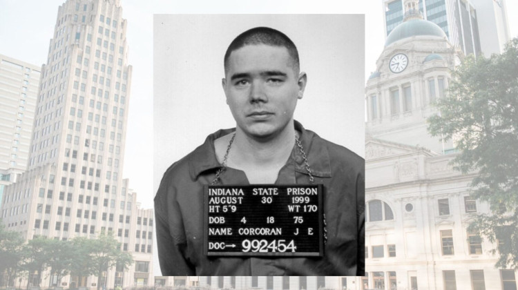 Indiana’s governor and attorney general have asked to set an execution date for Fort Wayne’s Joseph Corcoran, who was convicted in a 1997 quadruple homicide. - Courthouse photo from Allen County; Mugshot from public record; Photo illustration by Casey Smith / Indiana Capital Chronicle