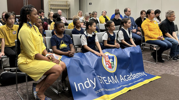 Students and staff of Indy STEAM Academy appeared in support of the school at the Indiana Charter School Board meeting on Tuesday, May 21, 2024 in Indianapolis at the Indiana Government Center South. - Amelia Pak-Harvey / Chalkbeat