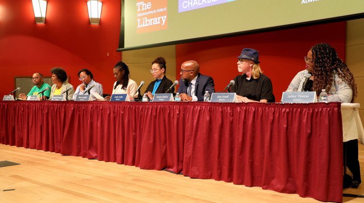 The eight candidates running for the IPS school board made their pitch to voters Tuesday, Oct. 8, 2024 during a candidate forum at the Indianapolis Public Library’s Central Library. The event was co-hosted by Chalkbeat Indiana and WFYI. - Eric Weddle / WFYI