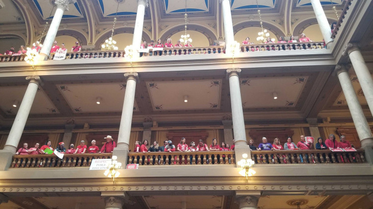 Indiana State Teachers Association members gathered at the Statehouse on Thursday to demand higher pay and express discontent with legislation introduced in the 2023 session. - Kirsten Adair/IPB News