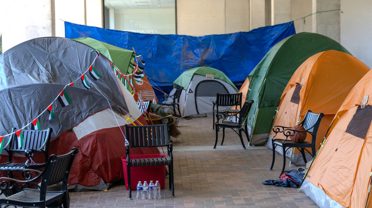 Tents house members of the "Liberated Zone" at the pro-Palestinian encampment at IU Indianapolis.  - Zach Bundy / WFYI News
