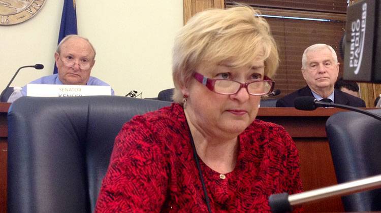 Sen. Karen Tallian, D-Portage (center) discusses the Senate budget proposal as Sen. Luke Kenley, R-Noblesville (left), and Sen. Ed Charbonneau, R-Valparaiso (right) look on.  - Brandon Smith