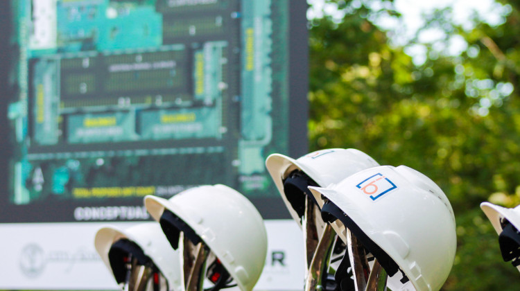 Construction helmets sit atop shovels at the ceremonial groundbreaking of the first project of READI 2.0, a housing development in Kokomo, on July 16, 2024.  - Brandon Smith / IPB News