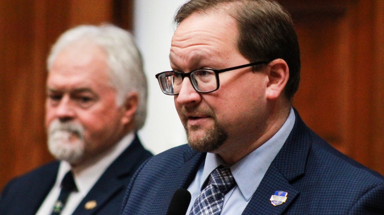 Rep. Martin Carbaugh (R-Fort Wayne) addresses the media during the unveiling of the Indiana House Republican 2025 agenda on Jan. 14, 2025. Rep. Brad Barrett (R-Richmond) stands in the background. - Brandon Smith / IPB News