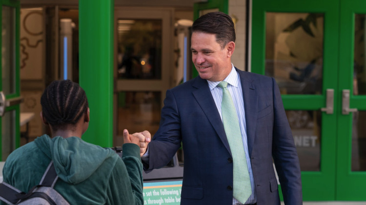 Kentucky's Jefferson County Public Schools Superintendent Marty Pollio visits schools on the district's first day, Thursday, Aug. 8, 2024. Pollio was named the next president of Ivy Tech Community College. - J. Tyler Franklin / Louisville Public Media