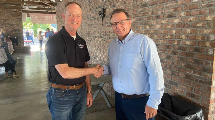 Mark Messmer, left, posted a photo of himself with his replacement in the Indiana Senate, Derek Schmitt, on Facebook after Schmitt's caucus victory. - Courtesy of Messmer for Congress Facebook page