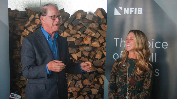 Republican gubernatorial candidate Mike Braun, left, received an endorsement from NFIB Indiana PAC on Oct. 2, 2024. NFIB Indiana State Director Natalie Robinson stands beside Braun.  - Brandon Smith / IPB News