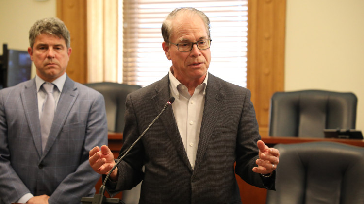 Indiana Gov. Mike Braun speaks to the media on Wednesday, April 23, 2025 in the Statehouse as Senate President Pro Tem Rodric Bray listens. - Ben Thorp / WFYI