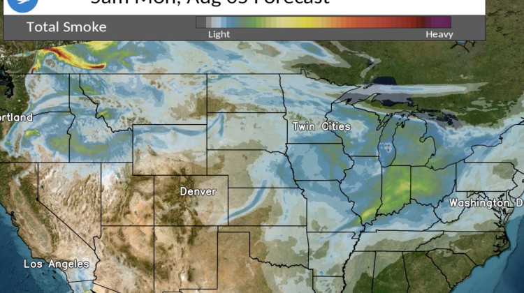 NOAA's new smoke widget shows light smoke from Canada wildfires blew over Indiana early Monday morning. - Screenshot of NOAA smoke prediction tool