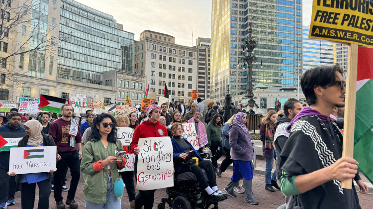 Over a thousand people rallied at Monument Circle Sunday, Nov. 5, 2023 to demand a cease-fire in Gaza -- the demonstration came nearly a month after violent attack on Israel from the terrorist group Hamas.  - Elizabeth Gabriel / WFYI