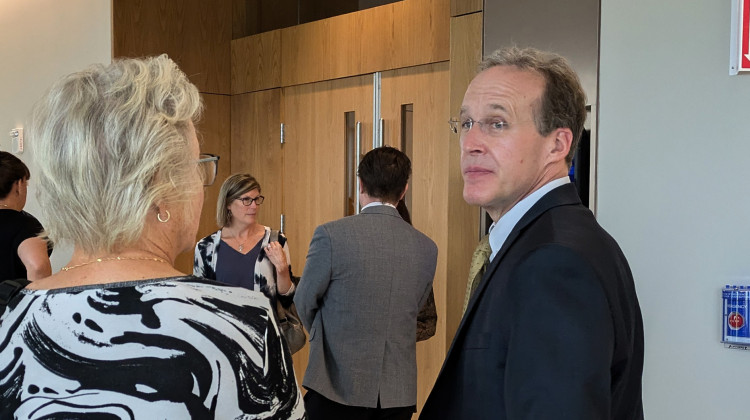 Patrick Gillen, one of the attorneys representing the anti-abortion group Voices for Life, speaks to members outside of the courtroom in Indianapolis. - Lauren Chapman / IPB News