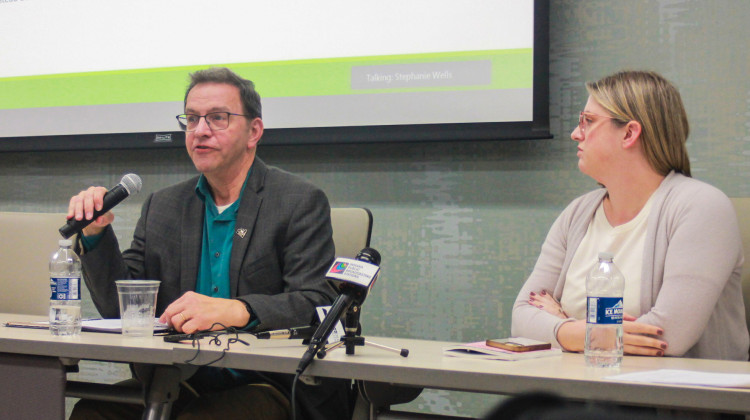 Purdue Professor Emeritus Larry DeBoer, left, discusses property tax issues at a panel hosted by the Indiana Fiscal Policy Institute and Prosperity Indiana. At right is Institute for Taxation and Economic Policy analyst Neva Butkus. - Brandon Smith / IPB News