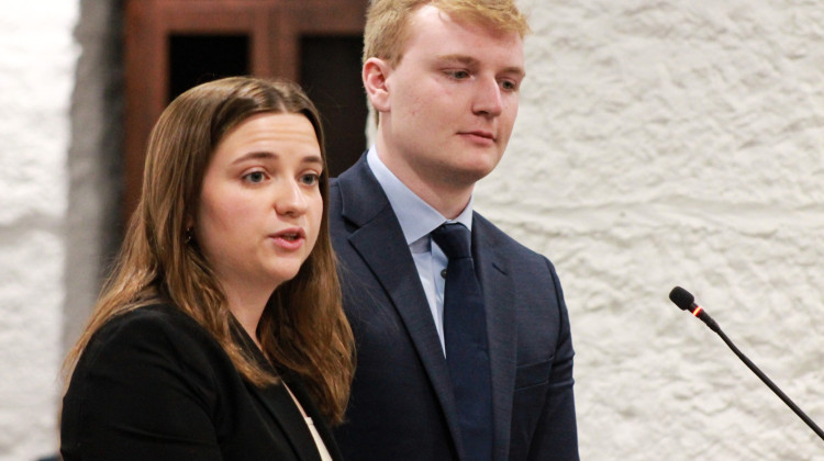 Purdue Student Body Vice President Rebecca Siener, left, and Purdue Student Body President Jason Packard, right, testify in the Senate Corrections and Criminal Law Committee on Jan. 14, 2025. - Brandon Smith / IPB News