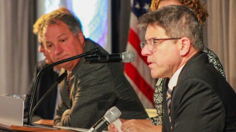 Senate President Pro Tem Rodric Bray (R-Martinsville), right, speaks at the Indiana Chamber of Commerce Legislative Preview on Nov. 18, 2024. House Speaker Todd Huston (R-Fishers), left, also spoke on the panel. - Brandon Smith / IPB News