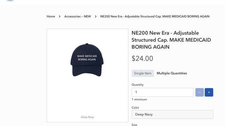 Indiana’s FSSA website is selling new merch: hats with the label “Make Medicaid Boring Again.” Some worry about the message they send.  - Screenshot of the FSSA website