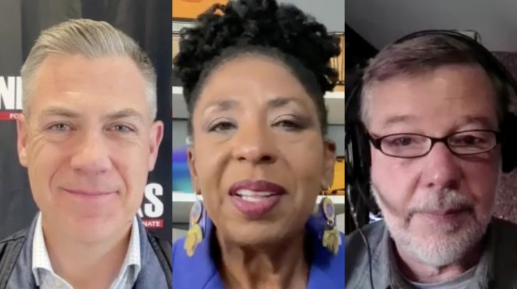 Indiana's 2024 U.S. Senate race is between, from left to right, U.S. Rep. Jim Banks (R-Columbia City), Dr. Valerie McCray and Andrew Horning. - Screenshots of Zoom interviews