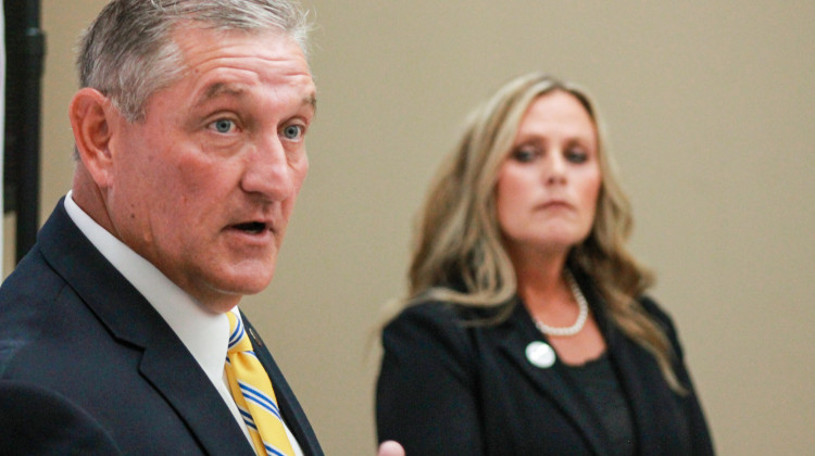 Former Indiana House Minority Leader Terry Goodin, left, speaks to the media and supporters at the press conference announcing he is Jennifer McCormick's (right) choice for running mate on June 20, 2024. - Brandon Smith / IPB News