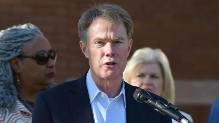 Mayor Joe Hogsett speaks at a news conference March 12, 2024, at the Damien Center. Hogsett announced that the city received $12 million in federal funds for housing and homelessness efforts. - Peter Blanchard / Mirror Indy