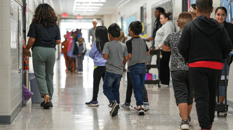 Students move through the hallway during a tier 2 transitional time Sept. 9, 2024, at Pleasant Run Elementary School in Indianapolis. - Jenna Watson / Mirror Indy